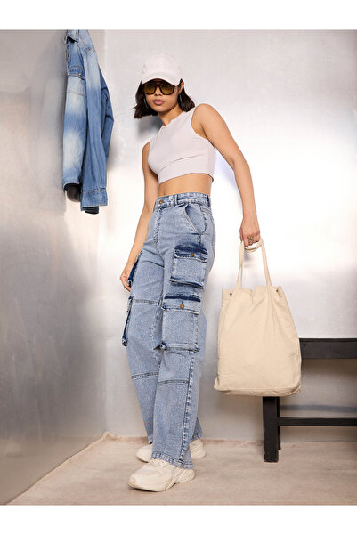 Sassafras By Styli Blue High Rise Cargo Pocket Jeans