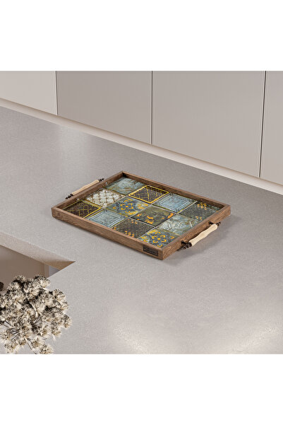 bluecape Seramik Dekoratif Sunum Tepsisi Ağaç Çerçeveli Porselen Tutacak 42x3...