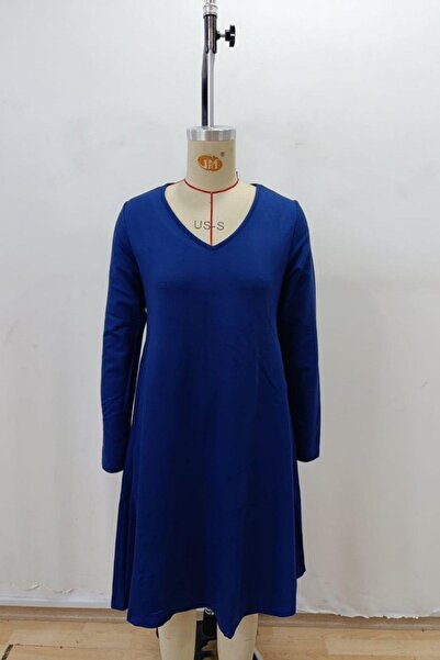 Mossta V-Neck Casual Midi Length Viscose Two Thread Dress Navy Blue