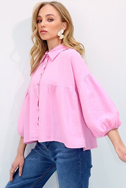 Trend Alaçatı Stili Női rózsaszín ballon ujjú elasztikus szoknya, hullámos vászon ing ALC-X13507