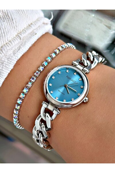 Ferrucci MAVİ KADRANLI TAŞ RAKAM ZİNCİR KORDONLU GÜMÜŞ KDIN METAL KOL SAATİ