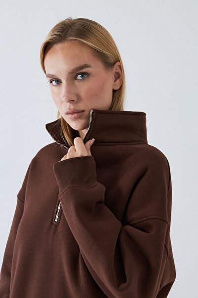 The Champ Clothing Unisex oversized Φούτερ Βασικό Καφέ – Μισό φερμουάρ ψηλός λαιμός , 3 Κλωστές Σ επένδυση fleece Φλις