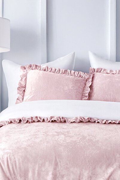 HAMUR Crush Hare Efektli Çift Kişilik Yatak Örtüsü Seti 2 Yastık Kılıfı Fırfırlı Saten Parlaklığı Pudra