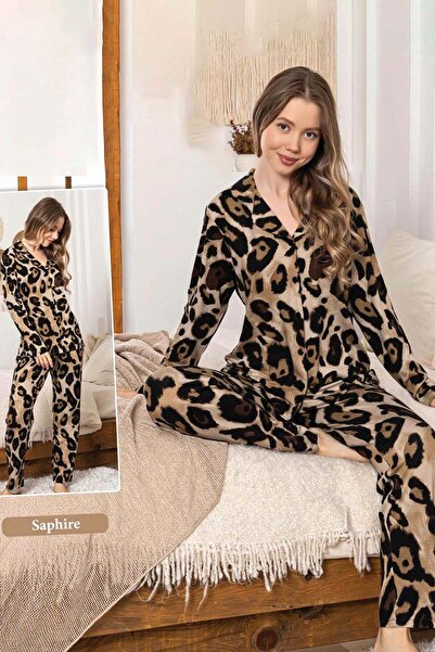 REMSA Women's Leopard Pattern Buttoned Saphire Pajama Set 0333 Brown