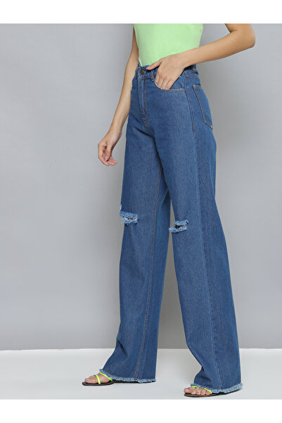 Sassafras By Styli Women Blue High Rise Wide Leg Jeans with Distressed Knee