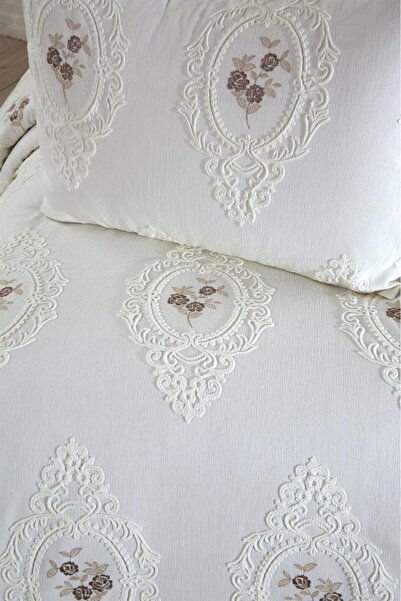 Çeyiz Diyarı Gardenlove Nakışlı Şönil 2 Parça Tek Kişilik Yatak Örtüsü Bej