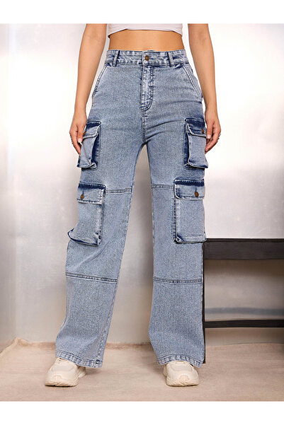 Sassafras By Styli Blue High Rise Cargo Pocket Jeans