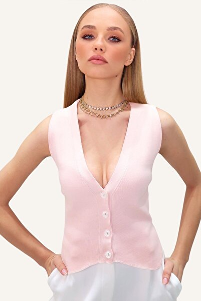 Trend Alaçatı Stili Női rózsaszín V-nyakú gombos nyári kötöttáru mellény ALC-X10402