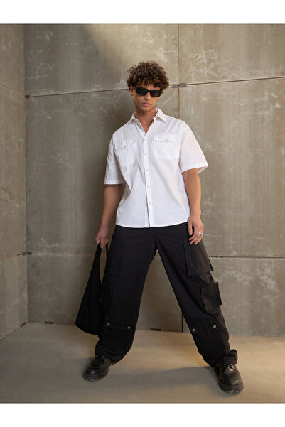 Sassafras By Styli Black Twill Utility Pockets Wide Leg Cargo Pants