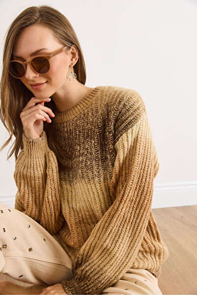 Olalook Women's Beige Crew Neck Degrade Knitwear Sweater Kzk-19001049