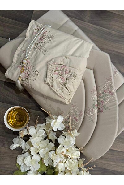 STAYILK DRESSES Elegant prayer abaya set in a soft beige color, featuring luxurious embroidery.