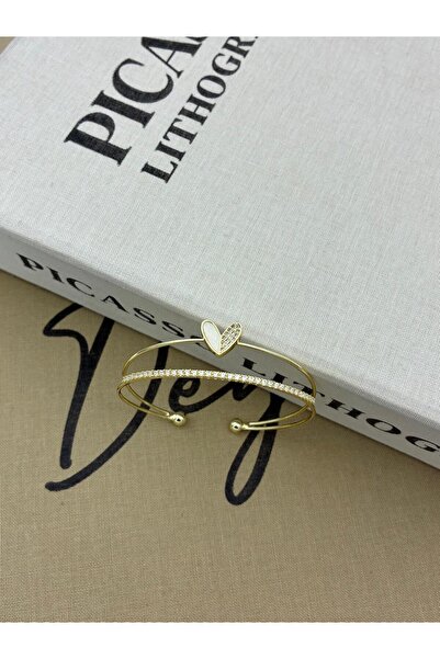 Hedef Bijuteri Gold Color Adjustable Two Row Heart Detailed Zircon Stone Bracelet