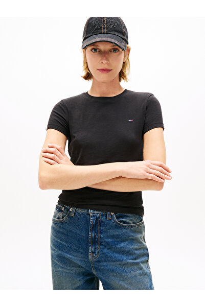 Tommy Hilfiger Women Black Logo Slim Crew Neck Short Sleeve T-Shirt