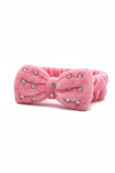 TAKIŞTIR Fuchsia Color Ribbon Figured Plush Hair Band with Stone Detail