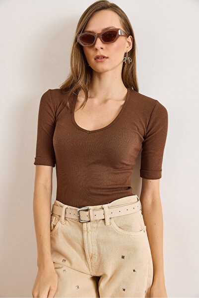 Olalook Women's Bitter Brown Deep V Neck Double Sleeve Stretchy Cotton Blouse Blz-19002951