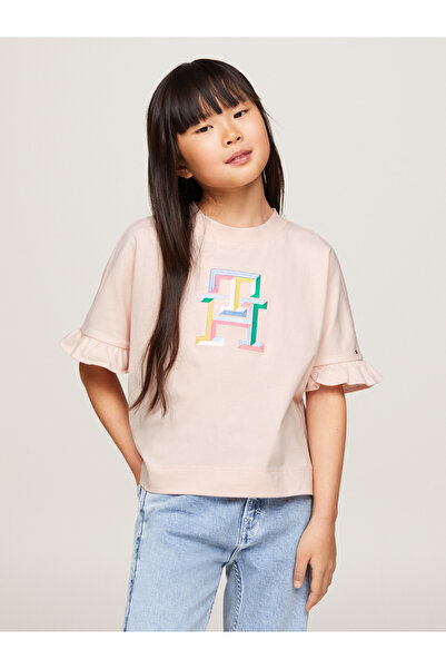 Tommy Hilfiger Girls Whimsy Pink Monogram Embroidery Ruffle Sleeve T-Shirt