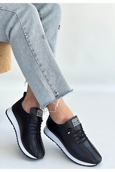 Genel Markalar Monya Siyah Cilt Bağcıklı Spor Ayakkabı