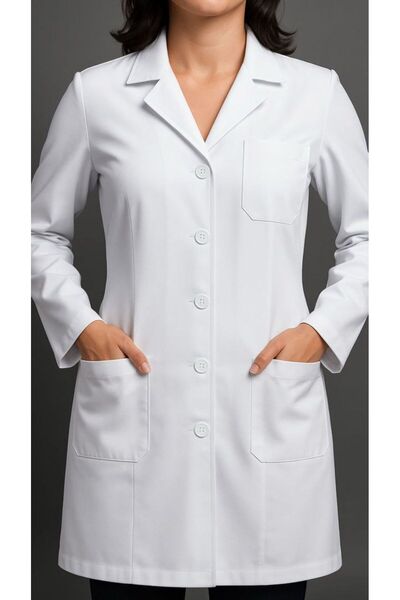LAYAN Women's white mid-length lapel shirt, doctor's lab coat, teacher's coat