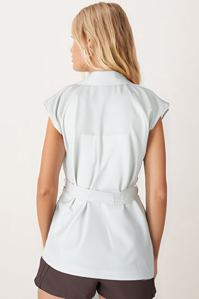 armonika Women's Mint Men's Collar Waist Belted Linen Look Vest Arm-25Y001079