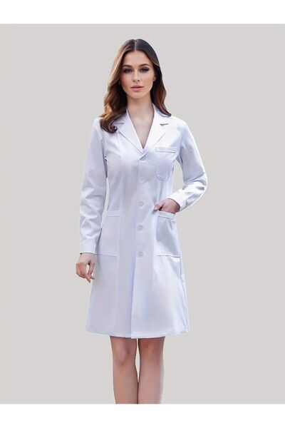 LAYAN Women's white mid-length lapel shirt, doctor's lab coat, teacher's coat