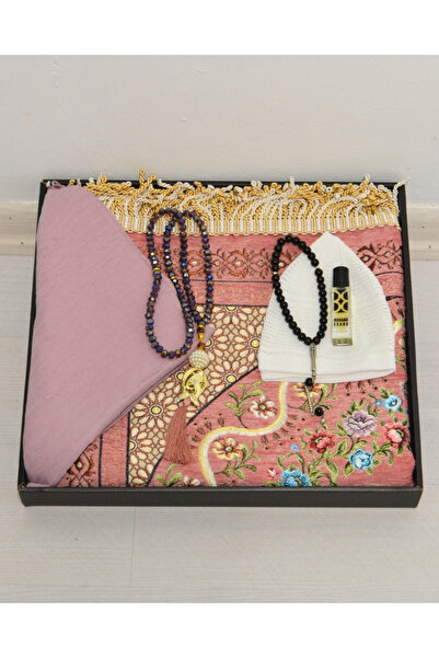 Bilenler Dowry Gift Prayer Rug Set – Prayer Rug, Scarf, Crystal Prayer Beads, Men's Prayer Beads, Skullcap with Essence Box