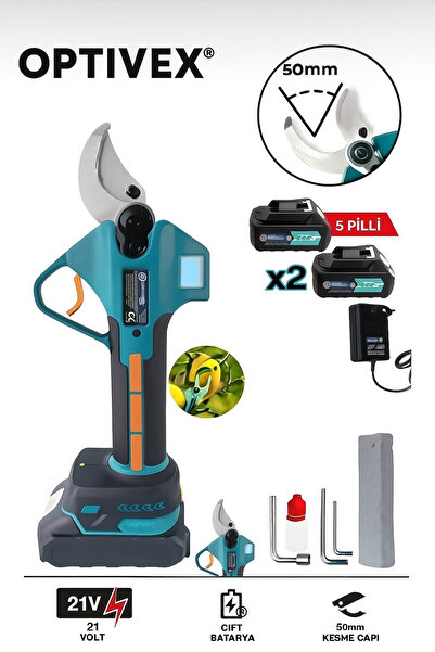 OPTIVEX Dal Budama Makası 21v 2ah 50mm Kesme Çaplı Çelik Bıçaklı 5 Pilli