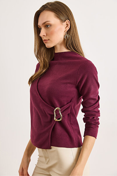 Olalook Women's Burgundy Mock Neck Accessory Detailed Flowy Thessaloniki Blouse Blz-19003163