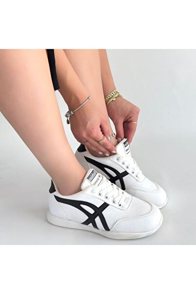 Erbilden Zlay White Leather Black Detailed Lace-Up Sneakers