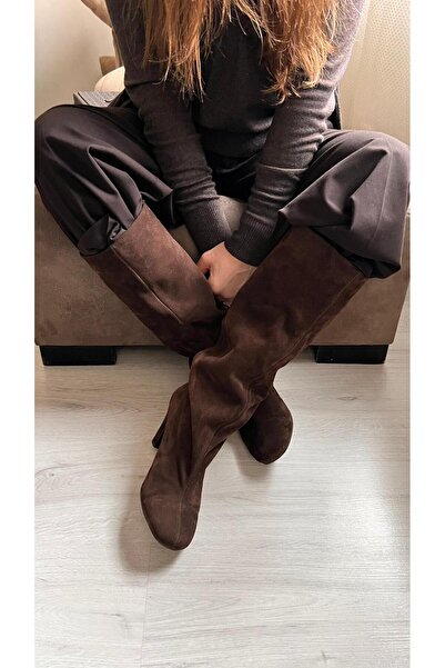 ESSO LA MİA Talismann Gerçek Deri Topuklu _ Uzun Kadın Çizme- KAHVE SÜET DERİ
