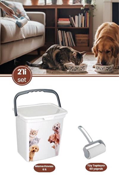 Flora Kedi Köpek Mama Kovası ve Tüy Toplayıcı Seti, Kapaklı Kulplu Mama Sakla...