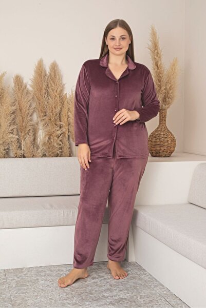 Asel Plus Size Buttoned Velvet Pajama Set