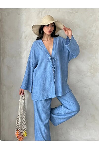 İKLİM LİFE Διπλό σετ παντελόνι κιμονό με δέσιμο μπροστά