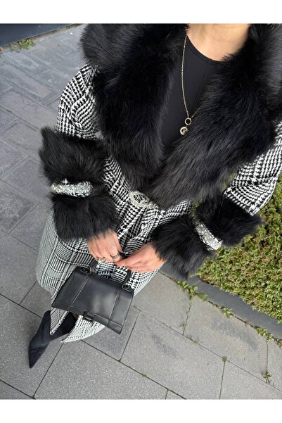 Siseniorita Women's Houndstooth/Plaid Long Coat with Fur Collar and Cuffs - High Slit