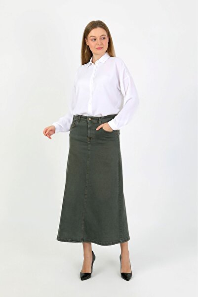 VELLICHOR Natural Fabric Star Rivet Denim Skirt Green