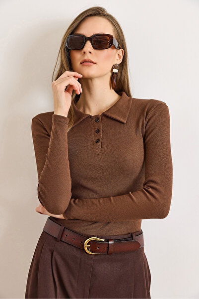 Olalook Kadın Acı Kahve Polo Yaka Düğmeli Uzun Kol Pamuk Bluz BLZ-19003170