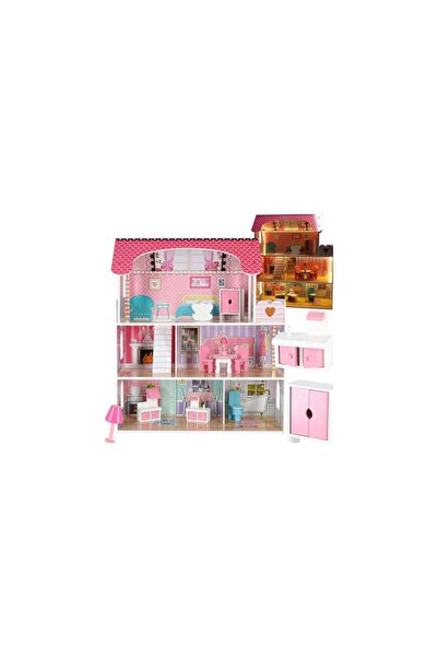 kik Wooden MDF Dollhouse with Furniture 70cm Pink LED