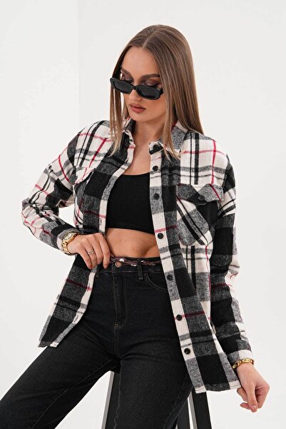 Polologin Butik Γυναικείο πουκάμισο σε μαύρο, λευκό και κόκκινο με λεπτομέρει...