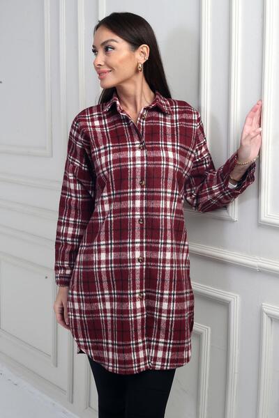 By Saygı Women's Side Slit Plaid Long Shirt