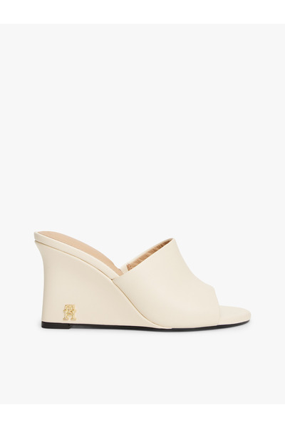 Tommy Hilfiger Women Muslin Leather TH Monogram Plaque Wedge Mules Sandals
