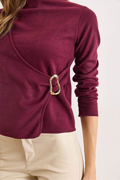 Olalook Women's Burgundy Mock Neck Accessory Detailed Flowy Thessaloniki Blouse Blz-19003163