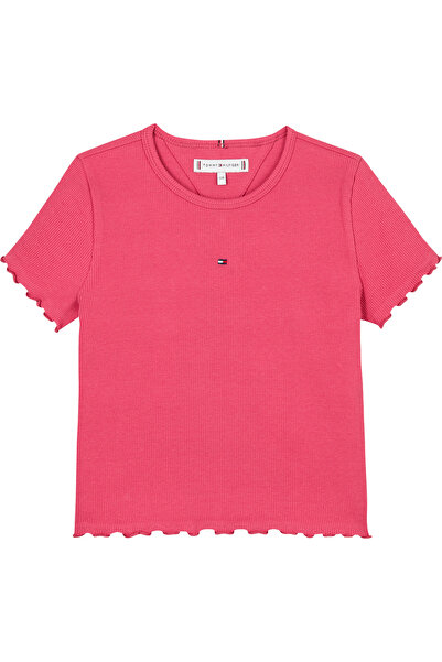 Tommy Hilfiger Girls Heritage Pink Cotton Essential Rib Short Sleeves Top