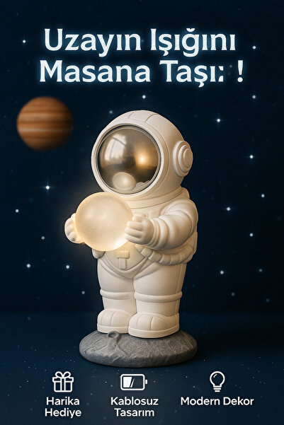 Coverzone Astronot Figür Masa Lambası - 16cm Işıklı Kablosuz Pilli Modern Dek...