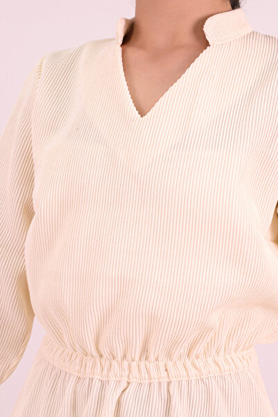 armonika Women's Ecru Velvet V-Neck Elastic Waist Slim F Corded Fabric Flared Dress Arm-25K001049