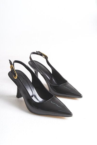 LEVONYA حذاء نسائي بكعب عالٍ من الجلد الأسود اللامع بمقدمة مدببة ونقشة ثعبان