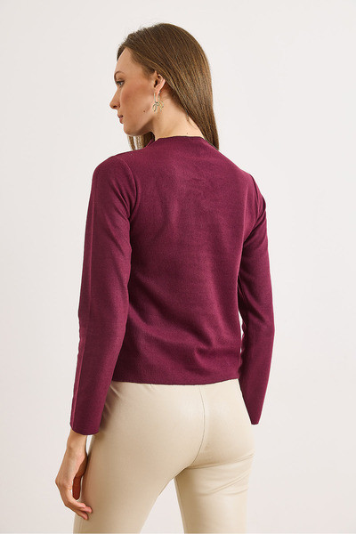 Olalook Women's Burgundy Mock Neck Accessory Detailed Flowy Thessaloniki Blouse Blz-19003163