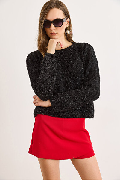 Olalook Women's Black Crew Neck Glitter Drawstring Knit Sweater Kzk-19001048