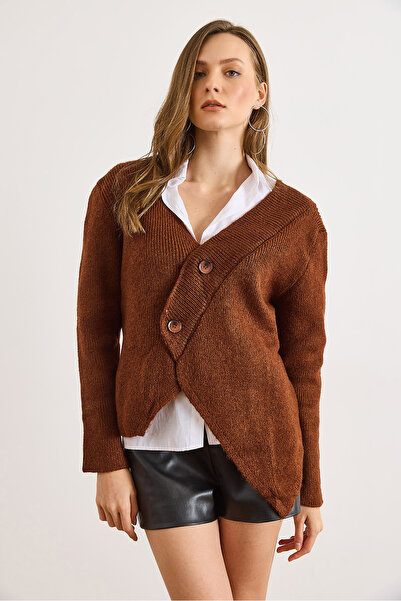 Olalook Women's Bitter Brown V-Neck Skirt Asymmetrical Knitwear Cardigan Hrk-19000439