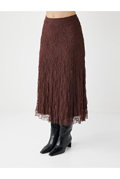 Jimmy Key Brown High Waist Lace Detailed Knitted Midi Skirt