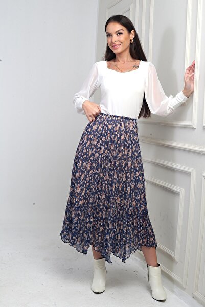 By Saygı Women's Elastic Waist Lined Mini Floral Midi Crinkle Triangle Skirt