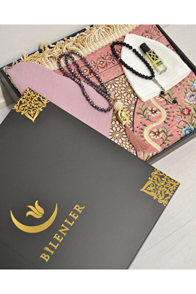 Bilenler Dowry Gift Prayer Rug Set – Prayer Rug, Scarf, Crystal Prayer Beads, Men's Prayer Beads, Skullcap with Essence Box